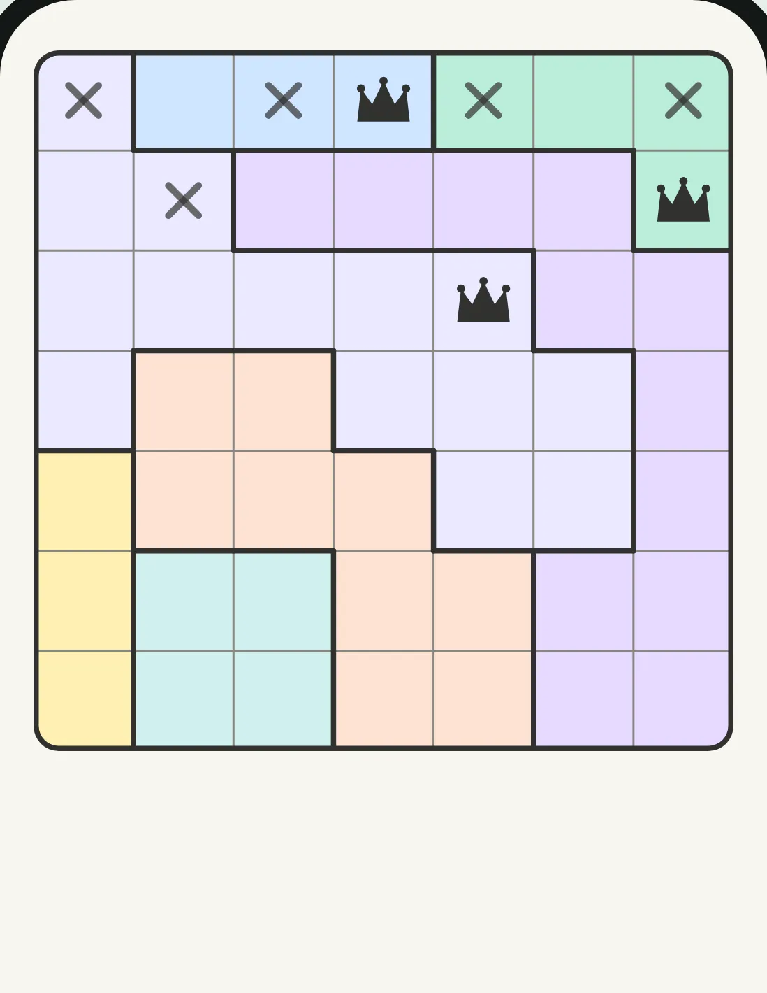 Crowns — a colourful logic board where one crown goes in every row, column, and region