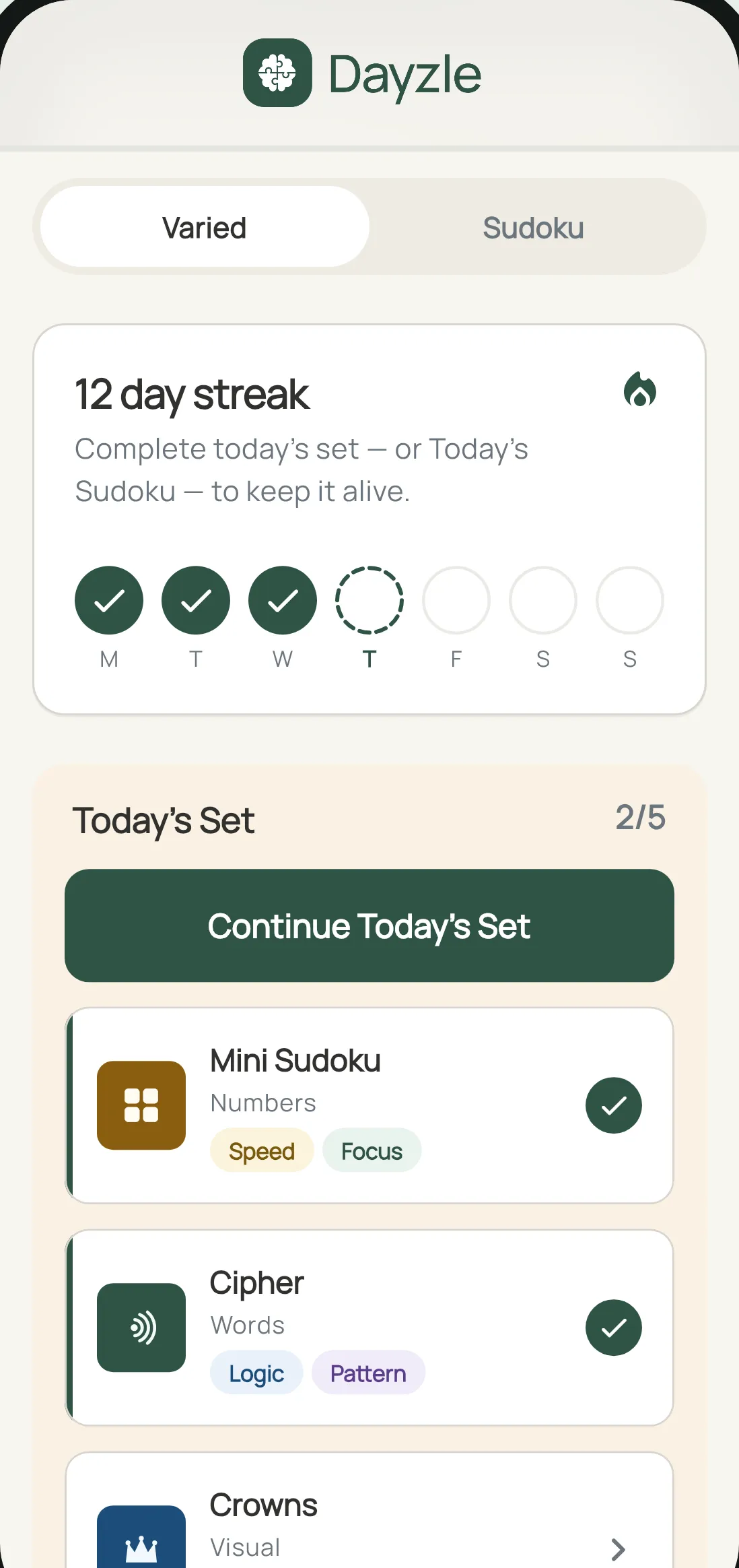 The Dayzle home screen: a 12 day streak, Today's Set at 2 of 5 complete, and a Continue today's set button
