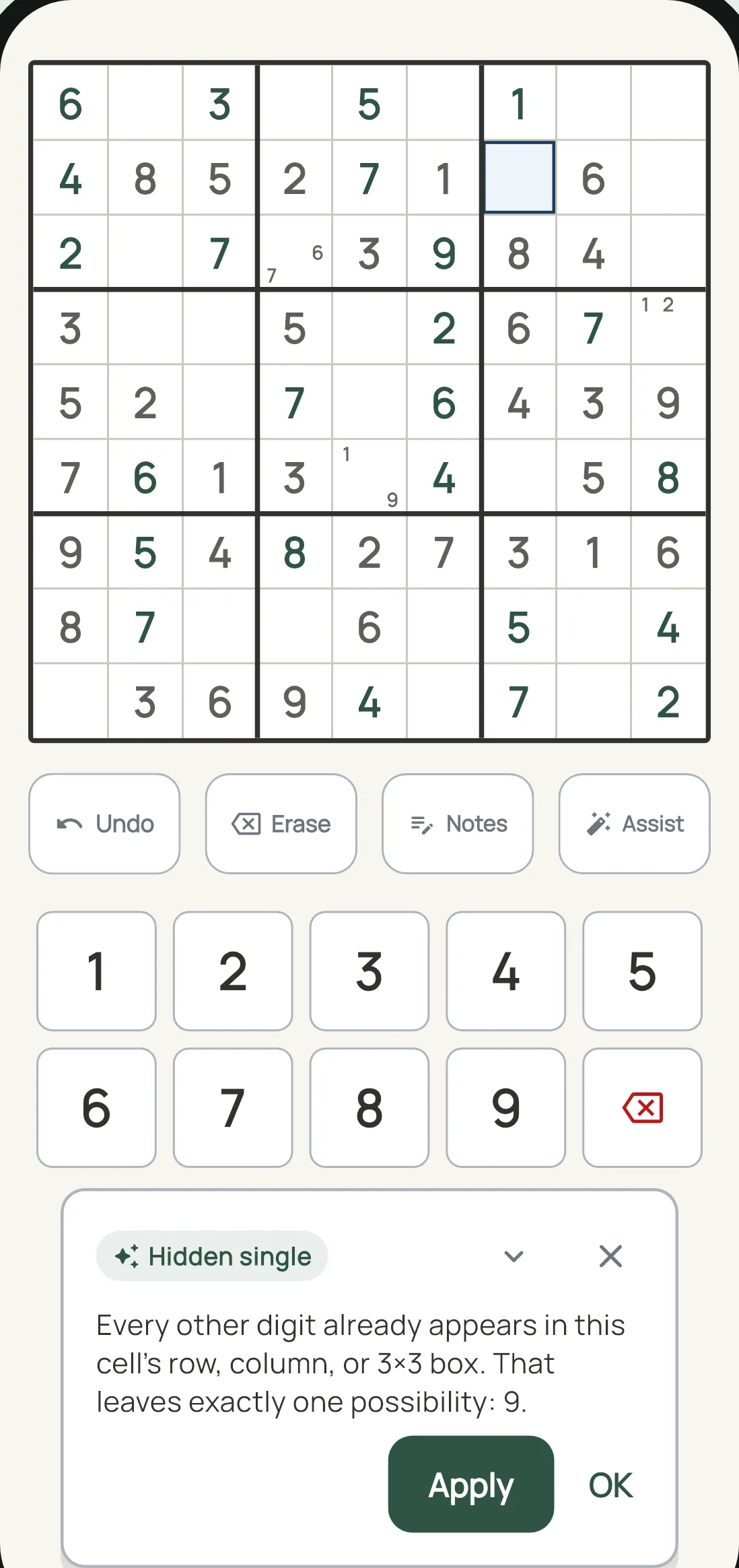 A sudoku board with a hint card open, reading: Hidden single — every other digit already appears in this cell's row, column, or 3×3 box, leaving exactly one possibility