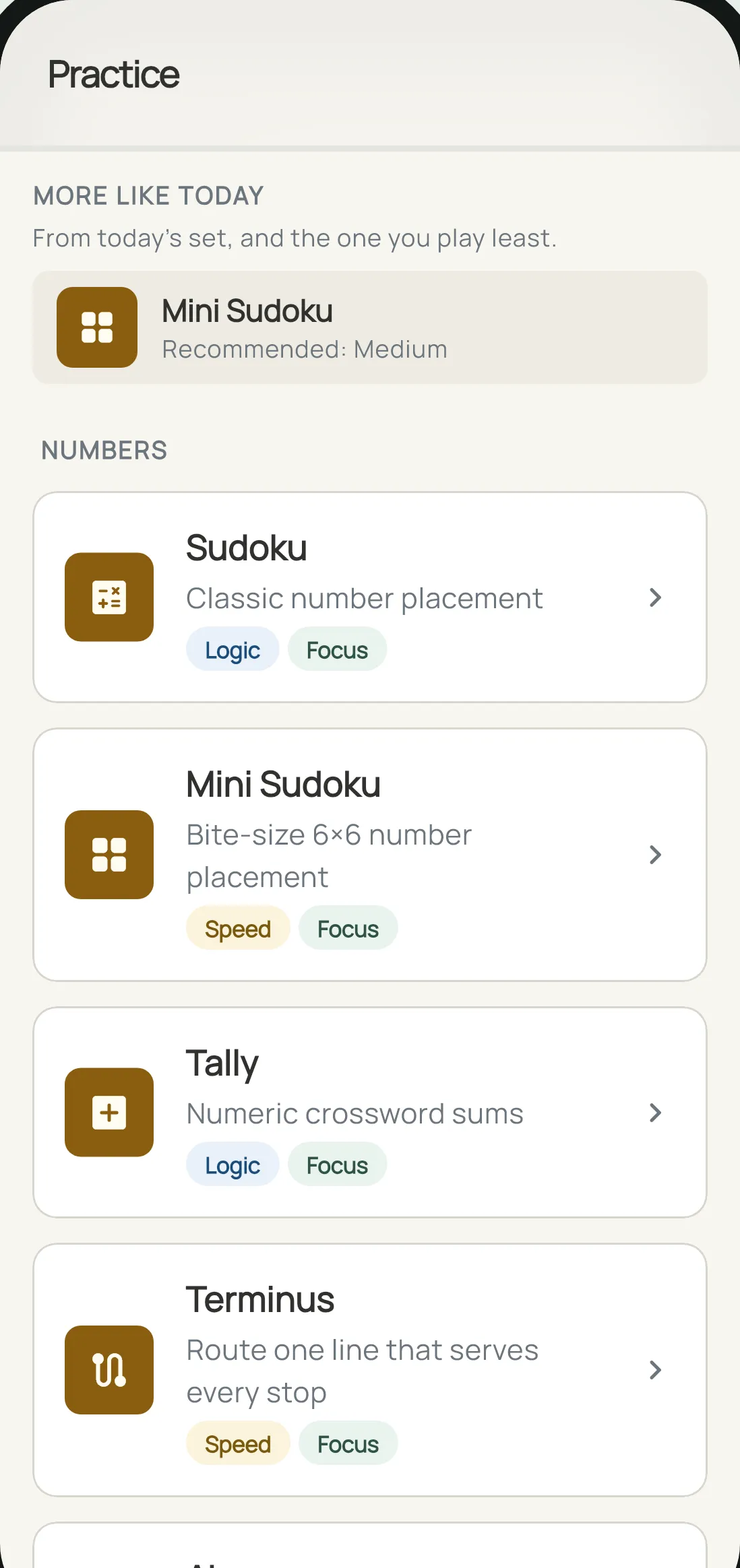 The Dayzle practice screen, listing Sudoku, Mini Sudoku, Tally, and Terminus under Numbers