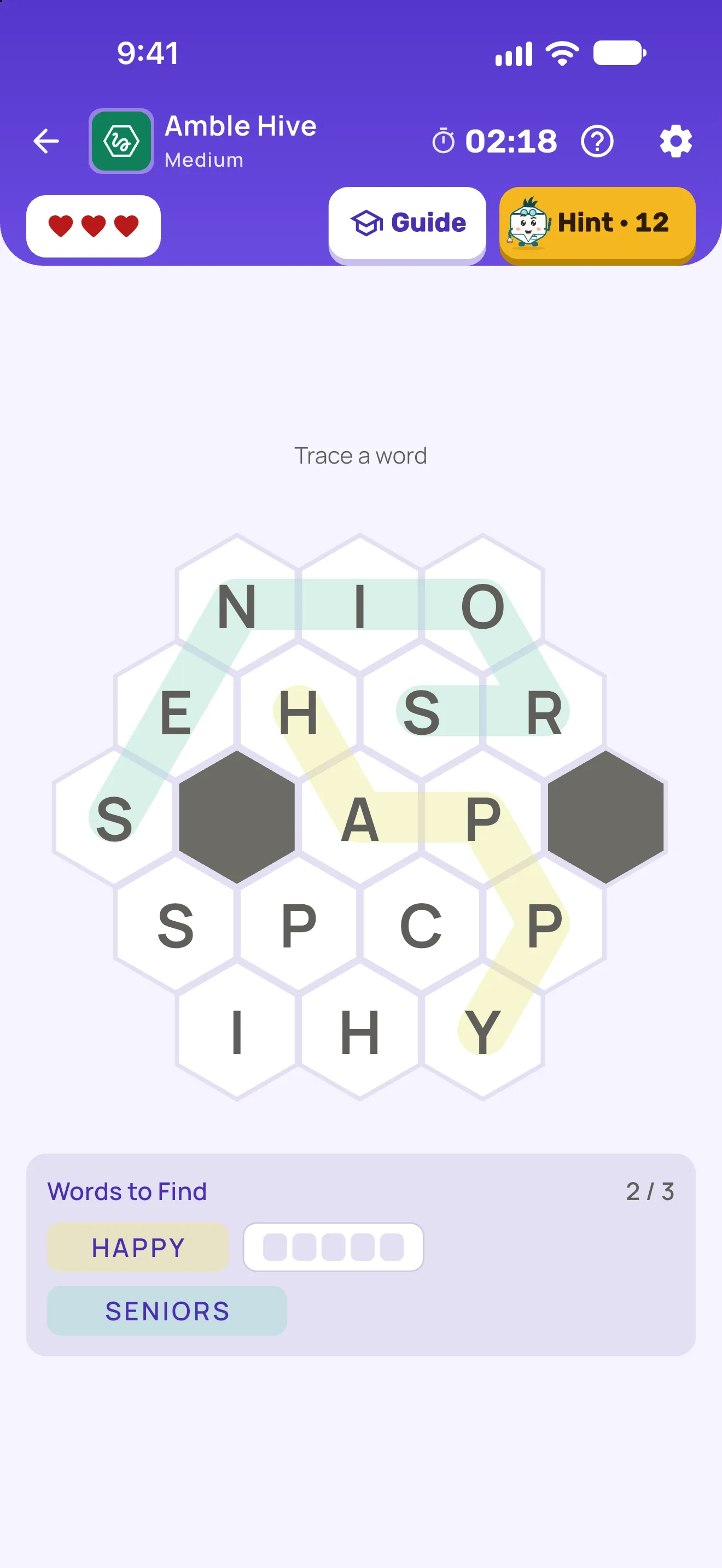Amble Hive — a word search where the words wind through a honeycomb