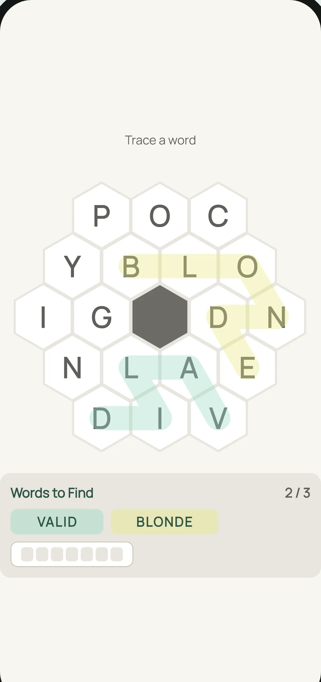 Amble Hive — a word search where the words wind through a honeycomb