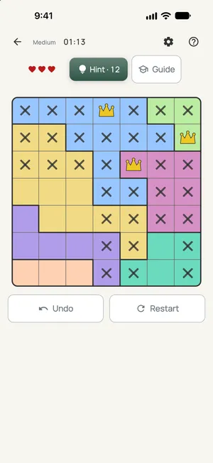 Crowns: one crown in every row, column and colour