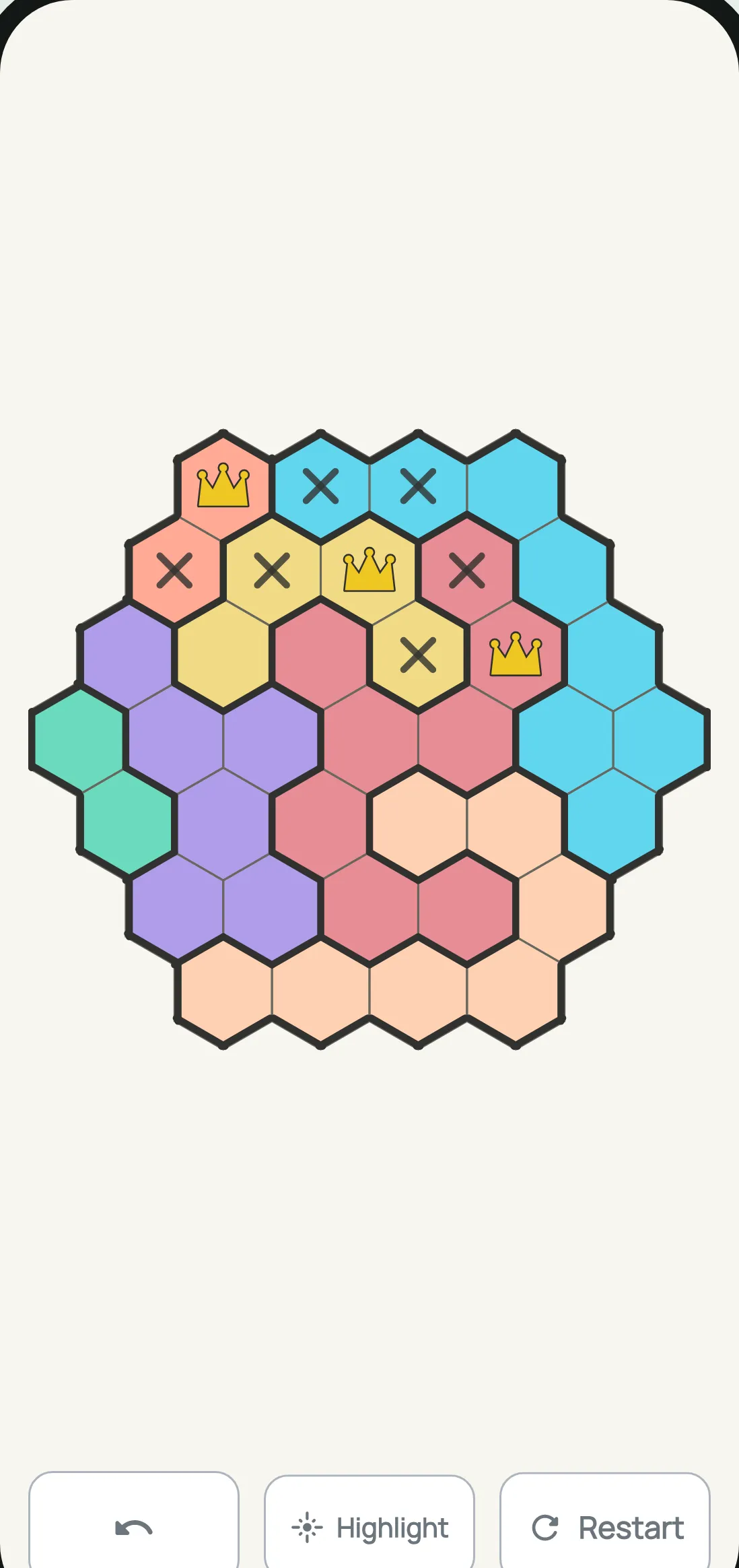 Crowns Hive — star battle on a hexagonal board, three crowns placed and the ruled-out cells crossed