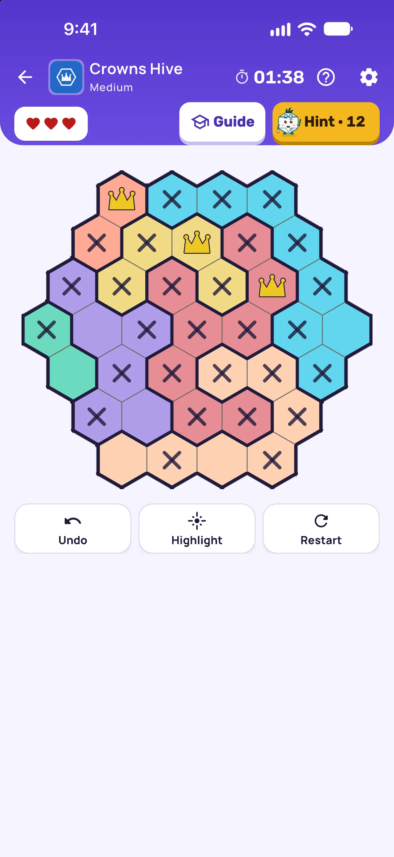 Crowns Hive — star battle on a hexagonal board