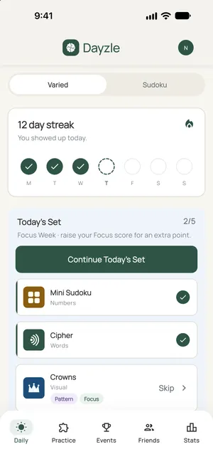 Today's Set: a 12-day streak and the day's five puzzles, two of them done