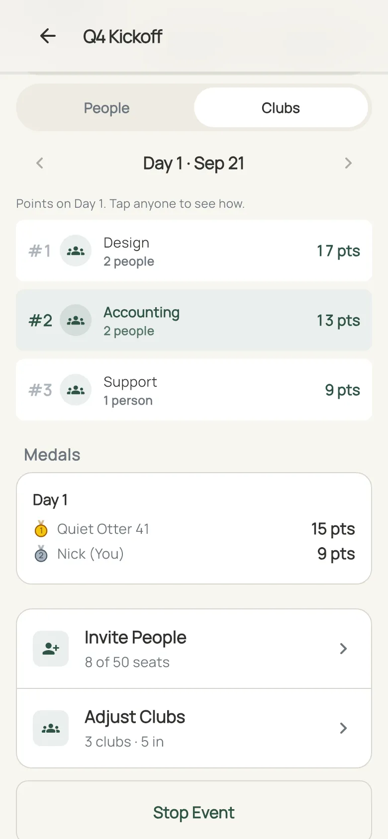 Event standings in Dayzle, ranked by club: Design first on 17 points, Accounting on 13, Support on 9, with the day's medals below