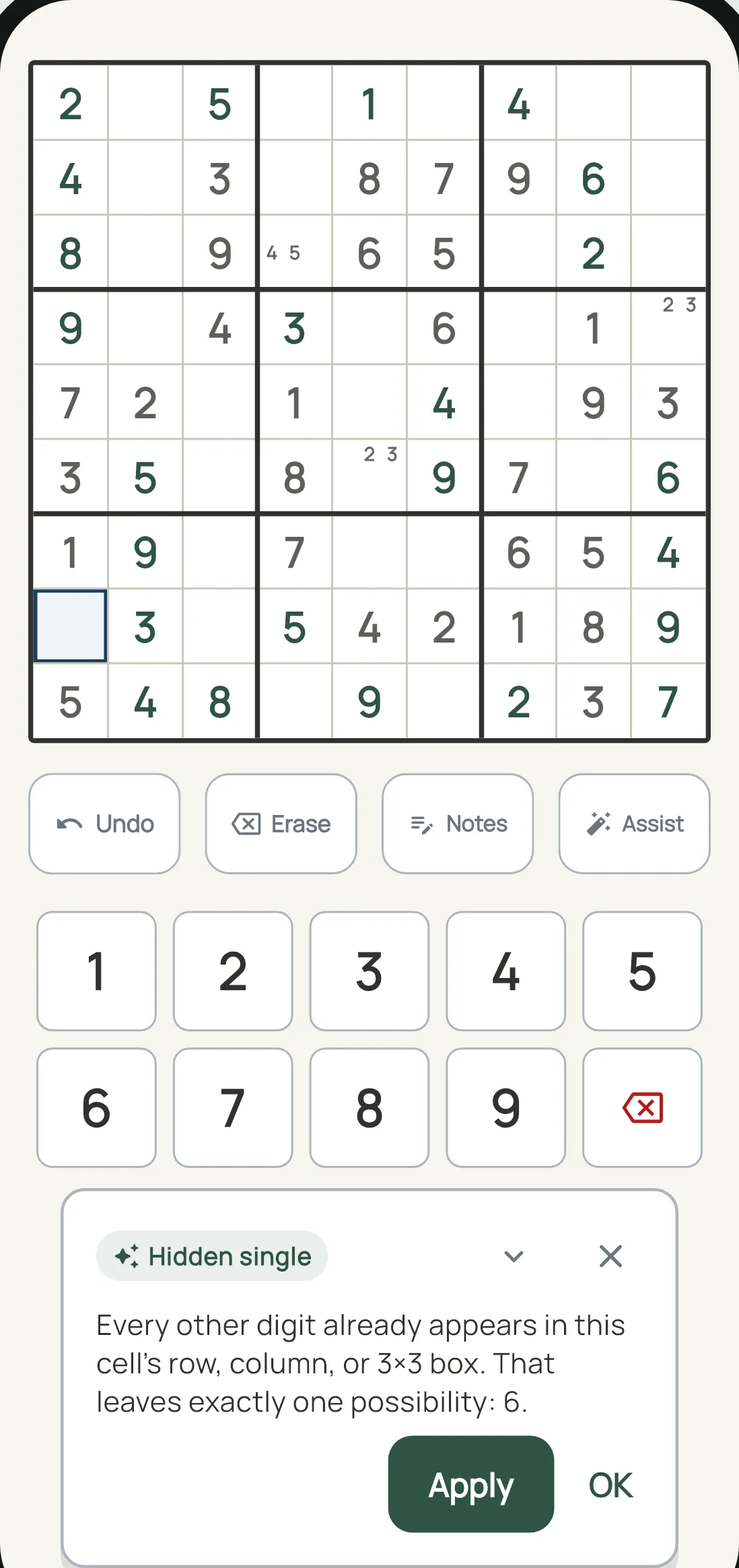 A Sudoku board with a hint card open, reading: Hidden single — every other digit already appears in this cell's row, column, or 3×3 box, leaving exactly one possibility
