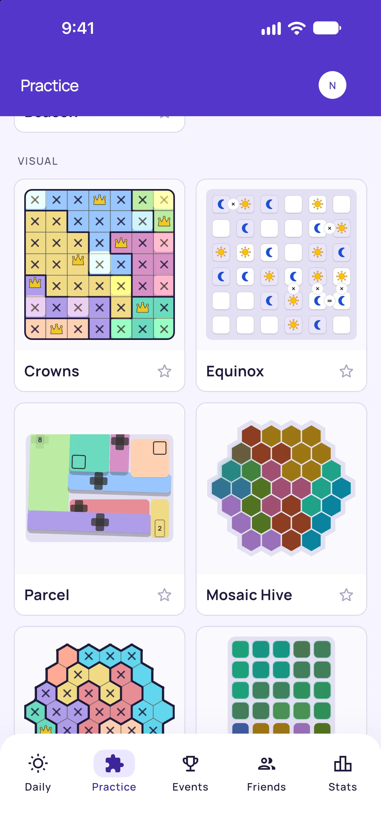 The Practice tab: Beacon at the end of the word games, then Crowns, Equinox, Parcel and Mosaic Hive under Visual