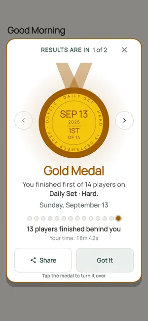 A gold medal the morning after: first of 14 on the Daily Set at Hard