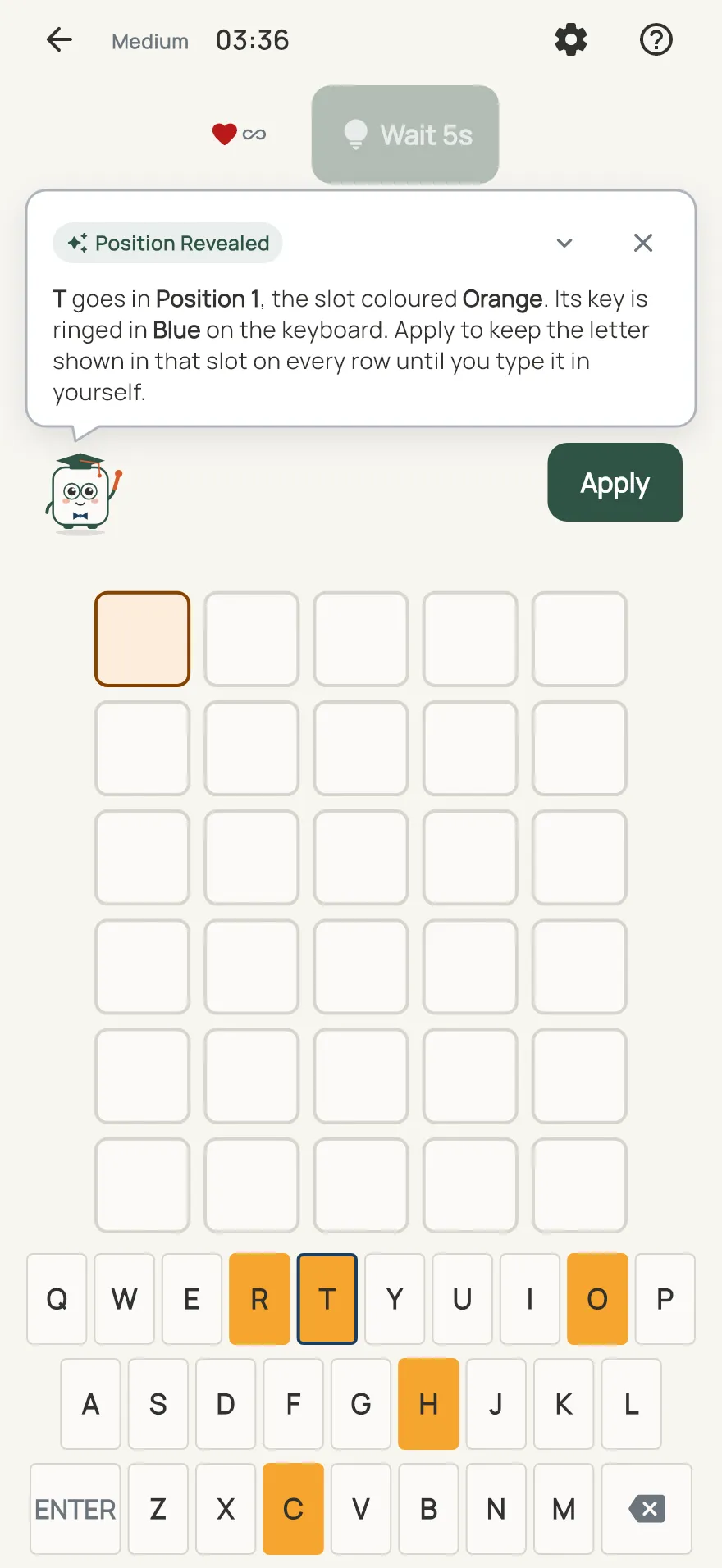 Cipher on iPhone: a hint card teaching Position Revealed, with the squares it uses lit on the board