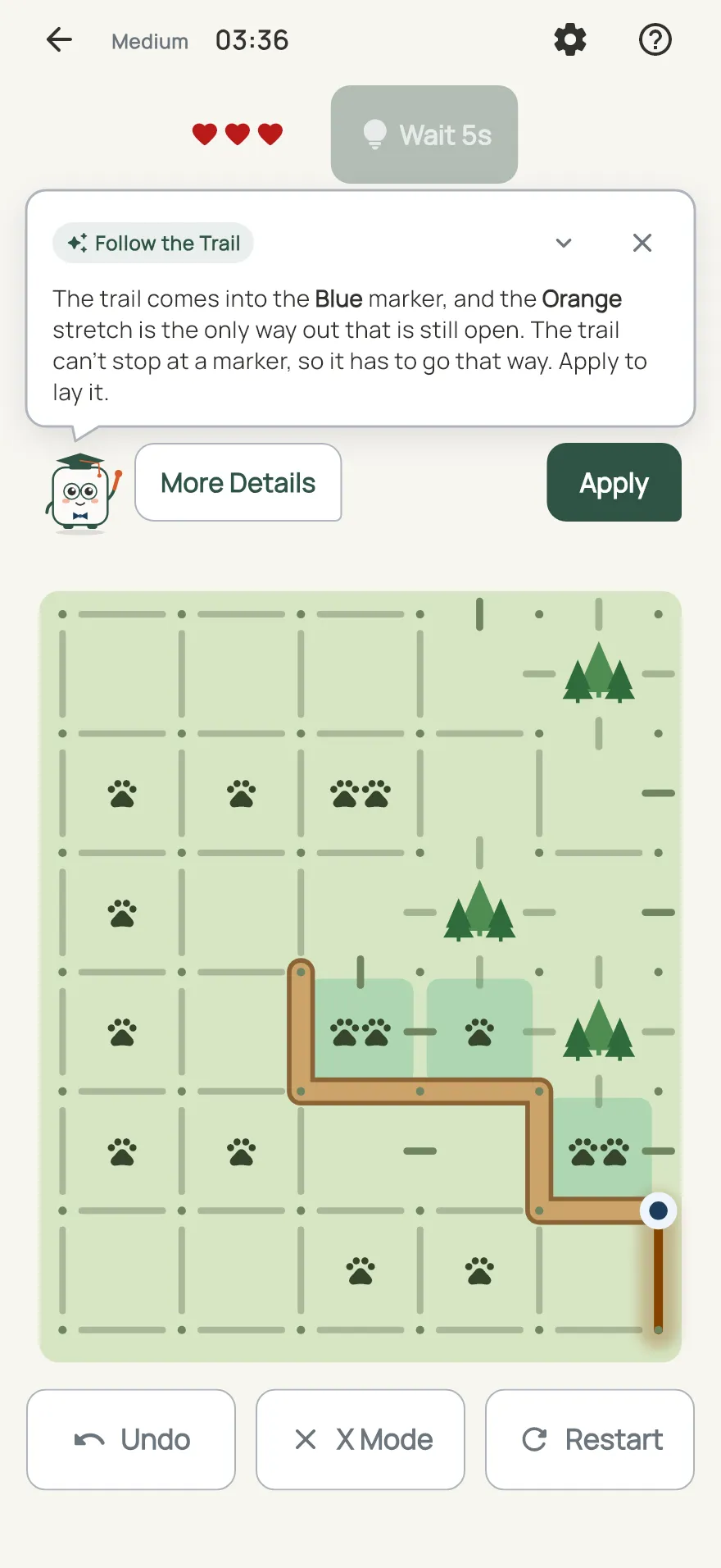 Trailhead on iPhone: a hint card teaching Follow the Trail, with the squares it uses lit on the board