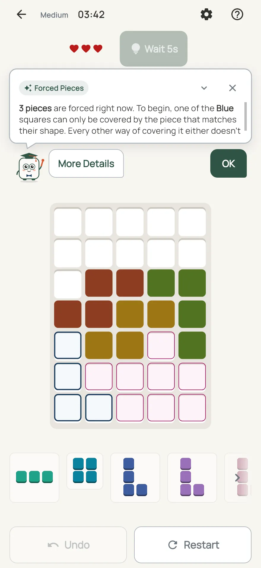 Mosaic on iPhone: a hint card teaching Forced Pieces, with the squares it uses lit on the board