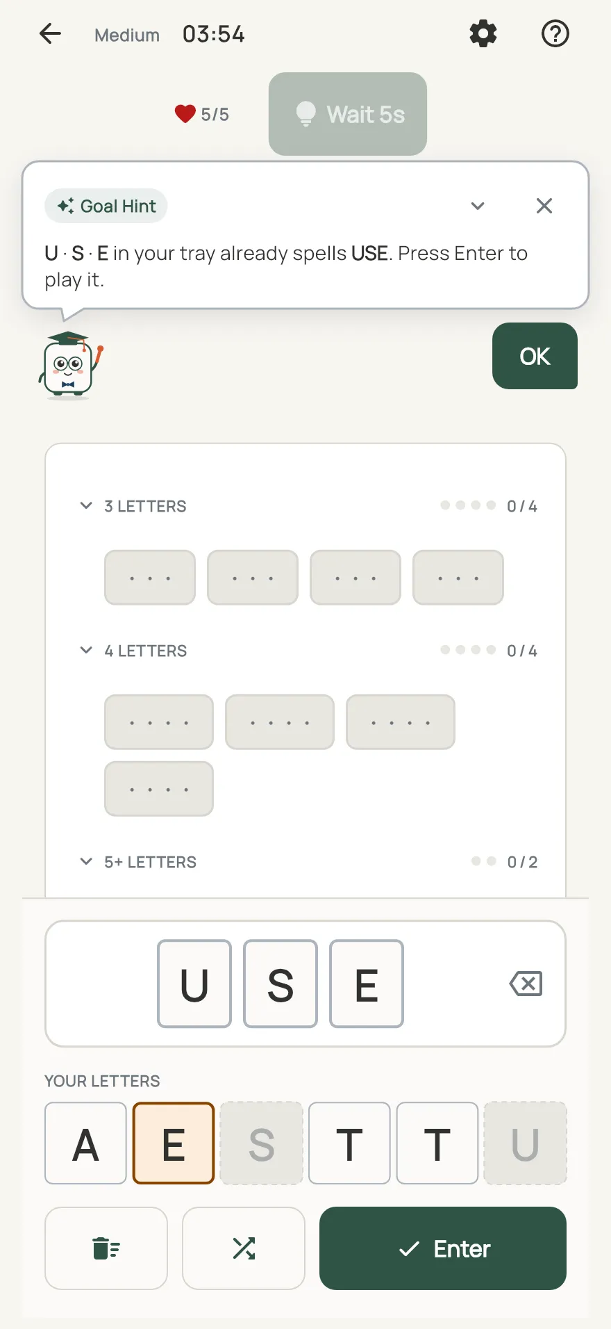 Forage on iPhone: a hint card teaching Goal Hint, with the squares it uses lit on the board