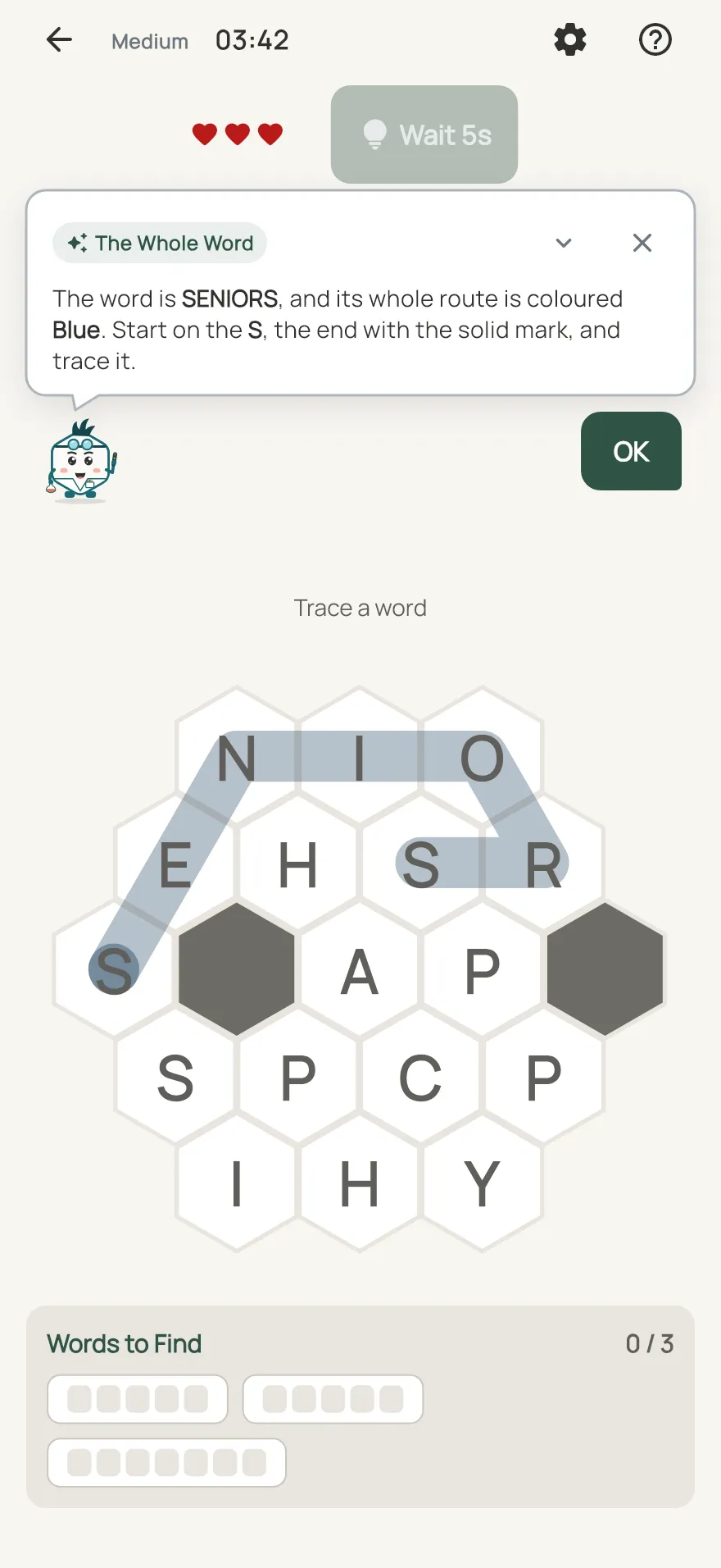 Amble Hive on iPhone: a hint card teaching The Whole Word, with the squares it uses lit on the board