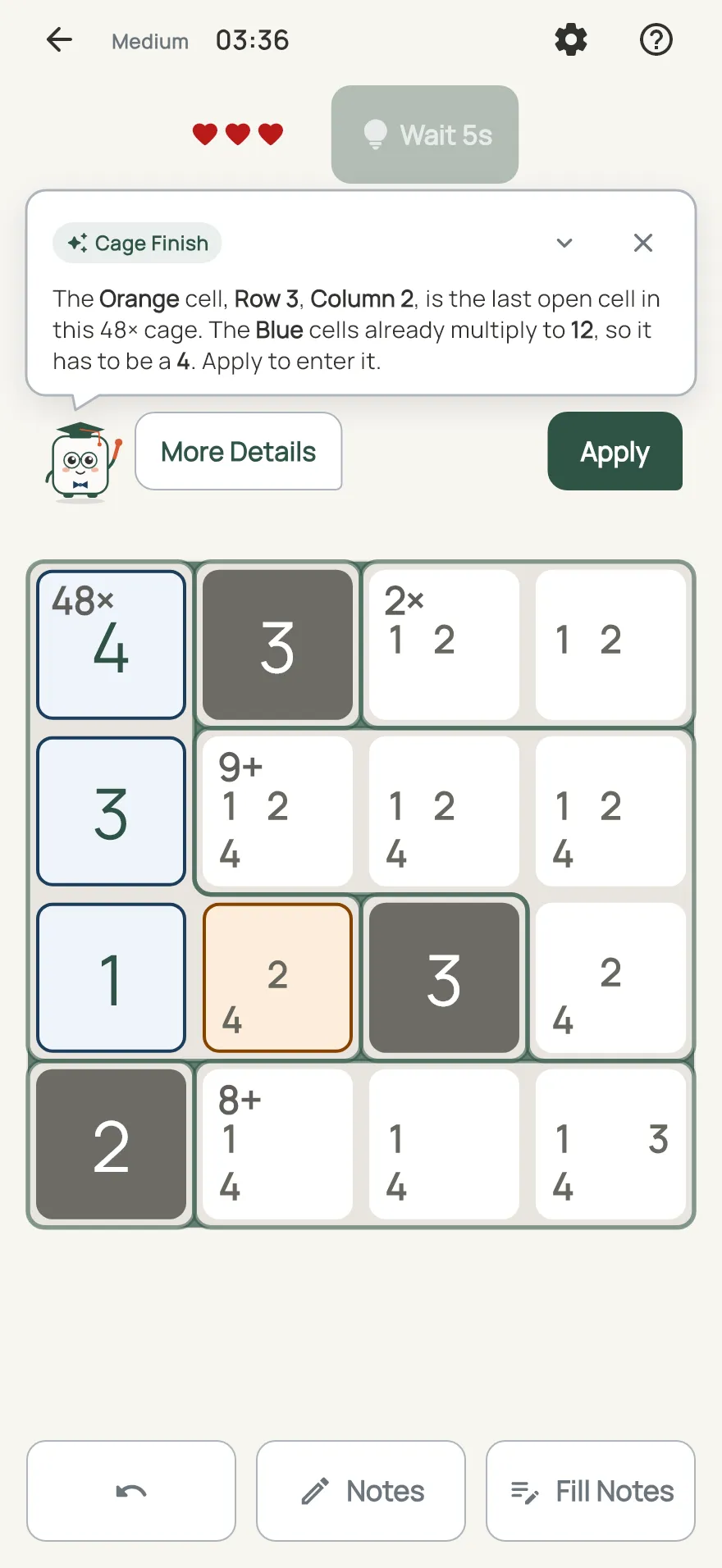 Abacus on iPhone: a hint card teaching Cage Finish, with the squares it uses lit on the board
