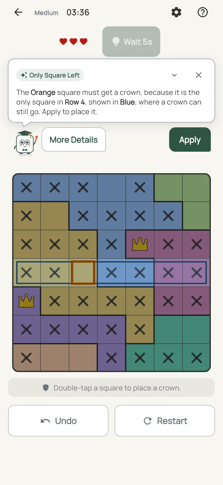 Crowns on iPhone: a hint card teaching Only Square Left, with the squares it uses lit on the board