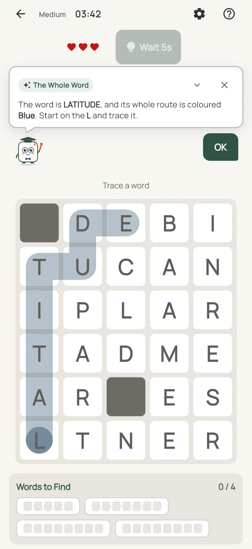 Amble on iPhone: a hint card teaching The Whole Word, with the squares it uses lit on the board