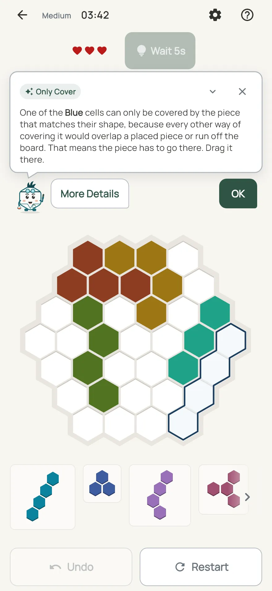 Mosaic Hive on iPhone: a hint card teaching Only Cover, with the squares it uses lit on the board
