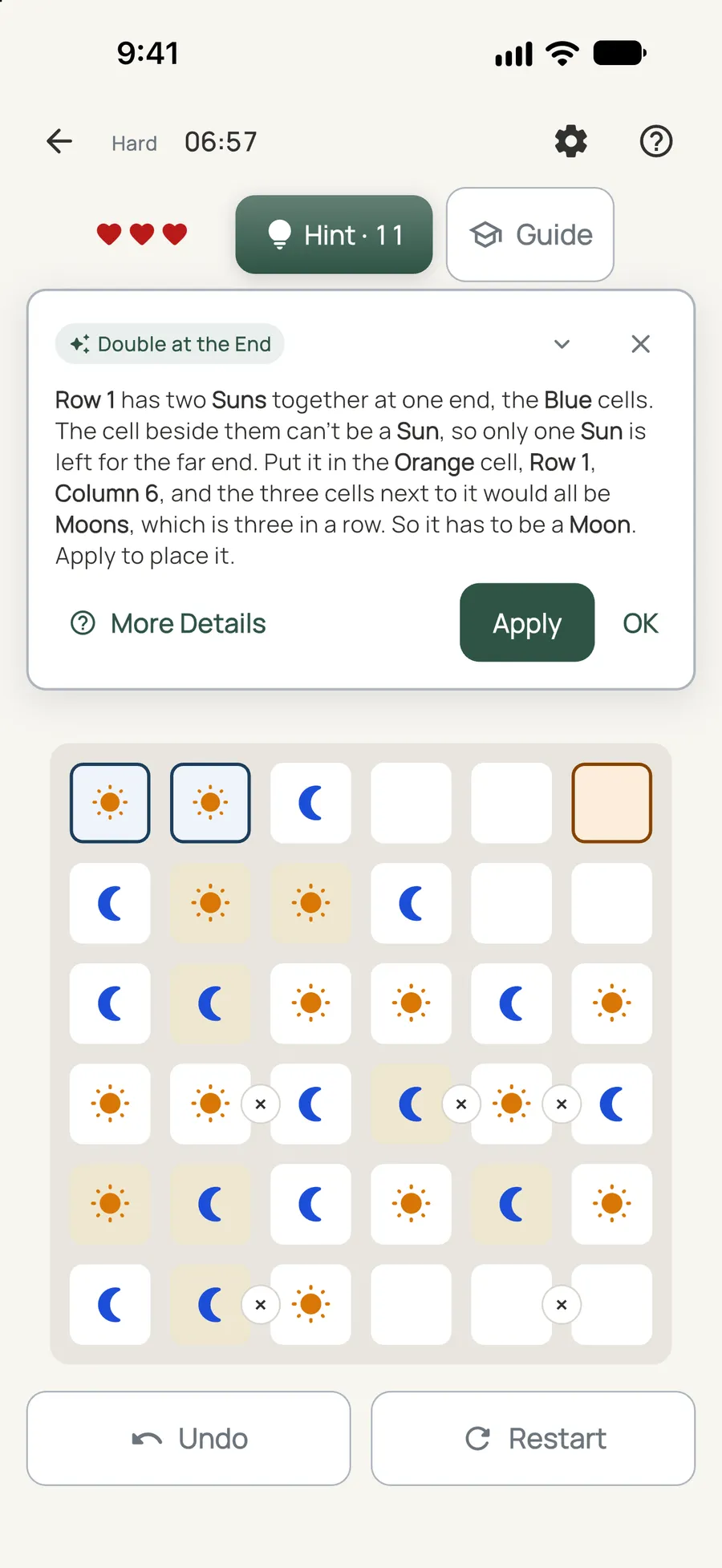 Equinox on iPhone: a hint card explaining the next move