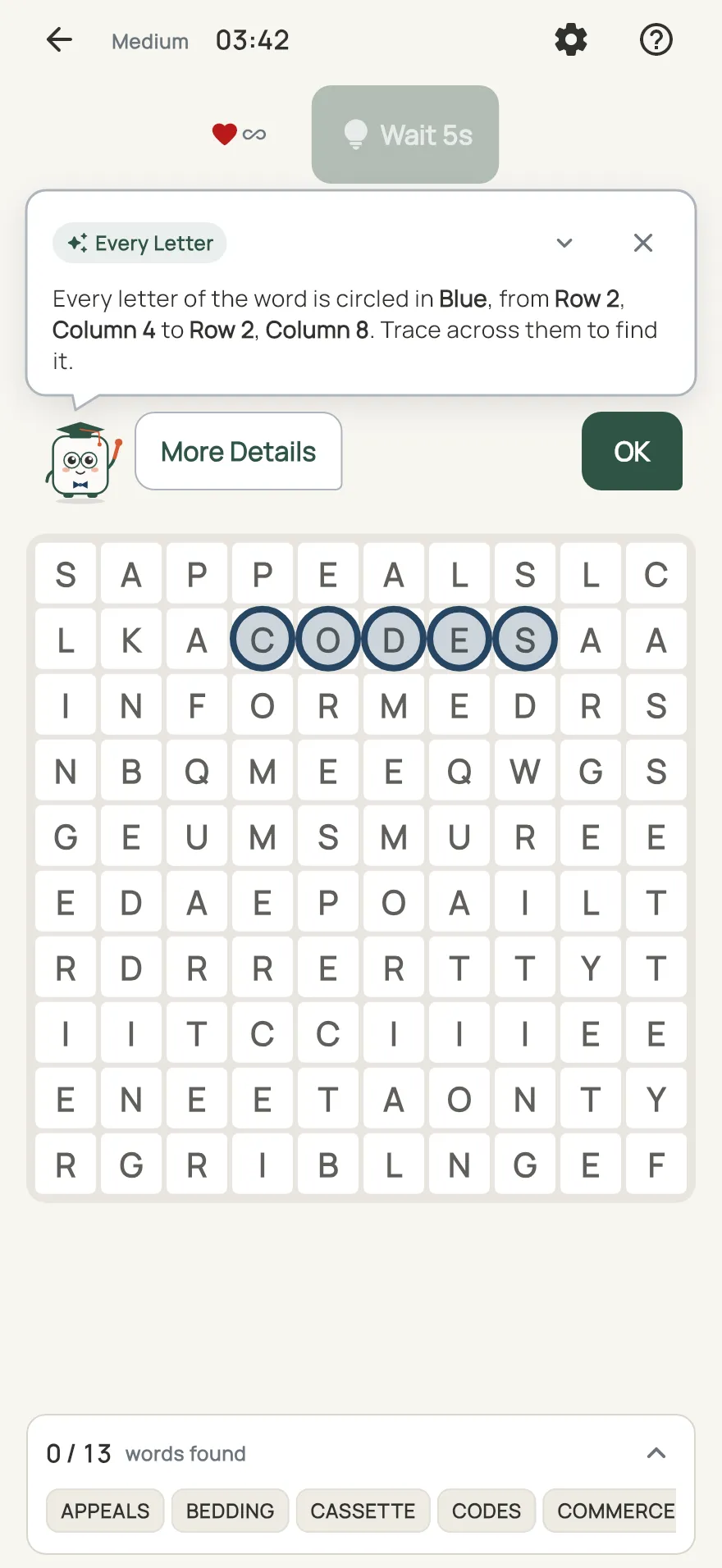 Word Search on iPhone: a hint card teaching Every Letter, with the squares it uses lit on the board