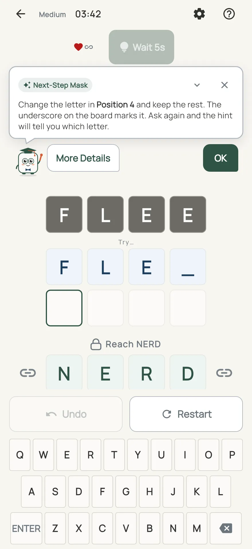Tumbler on iPhone: a hint card teaching Next-Step Mask, with the squares it uses lit on the board