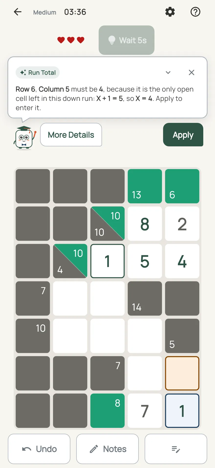 Tally on iPhone: a hint card teaching Run Total, with the squares it uses lit on the board
