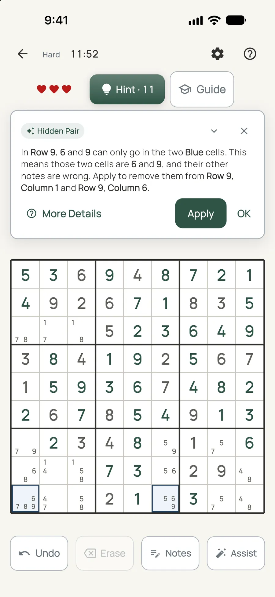 Sudoku on iPhone: a hint card explaining the next move
