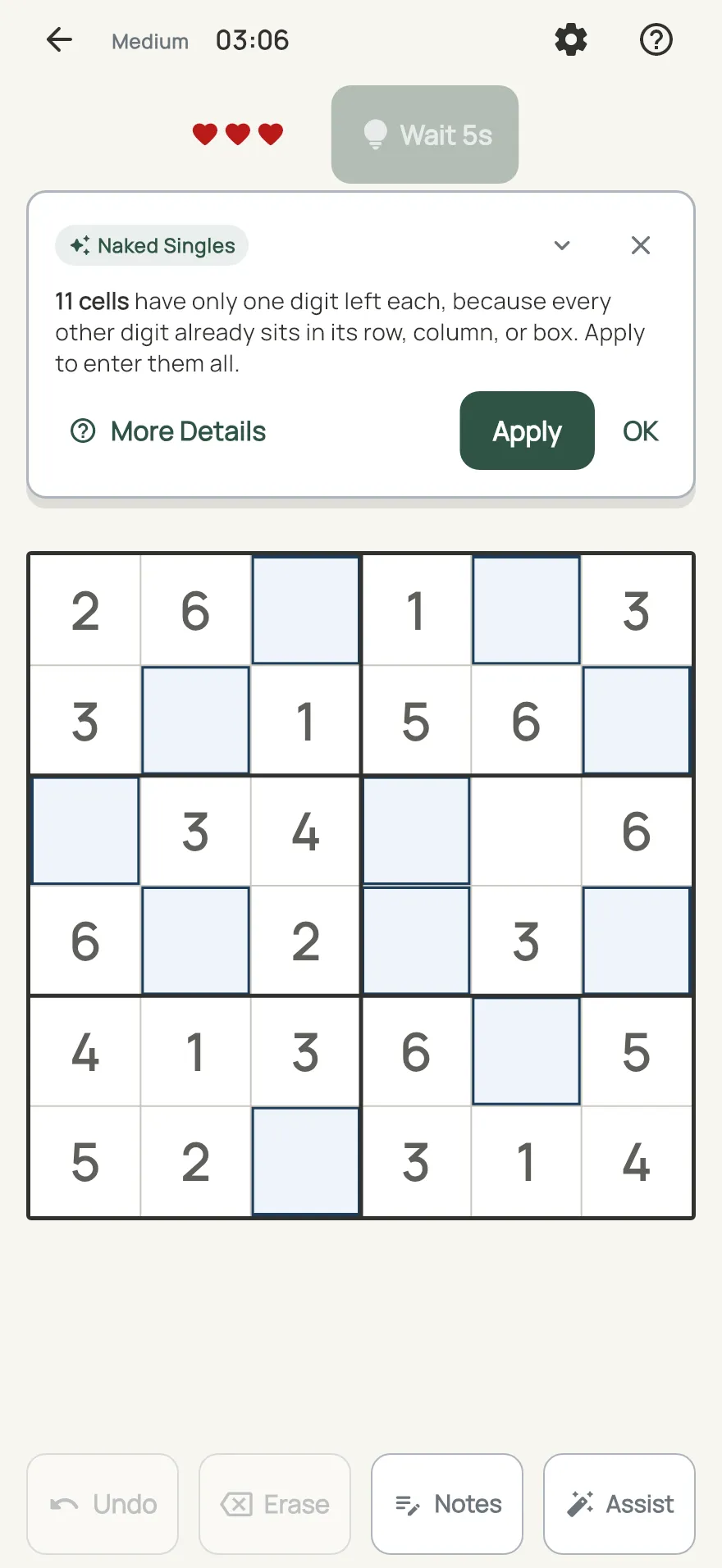 Mini Sudoku on iPhone: a hint card teaching Naked Singles, with the squares it uses lit on the board