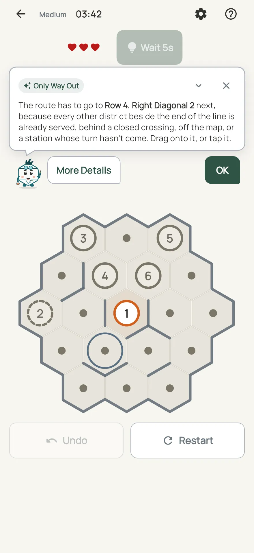 Terminus Hive on iPhone: a hint card teaching Only Way Out, with the squares it uses lit on the board