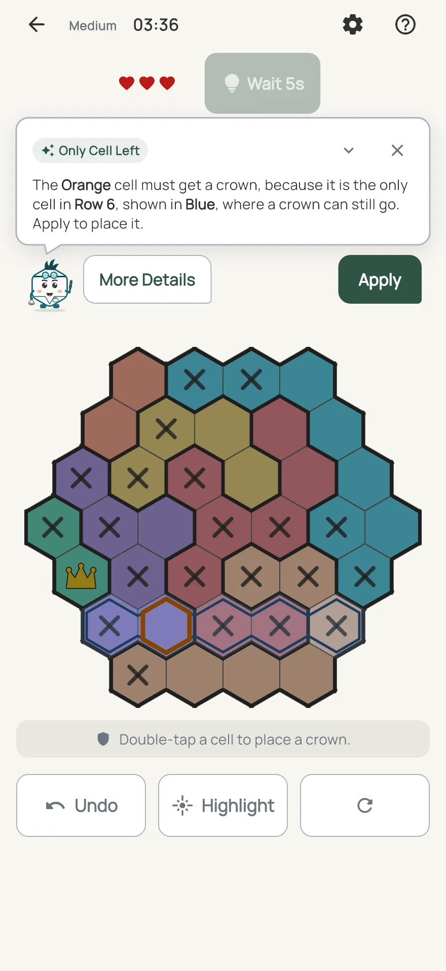 Crowns Hive on iPhone: a hint card teaching Only Cell Left, with the squares it uses lit on the board
