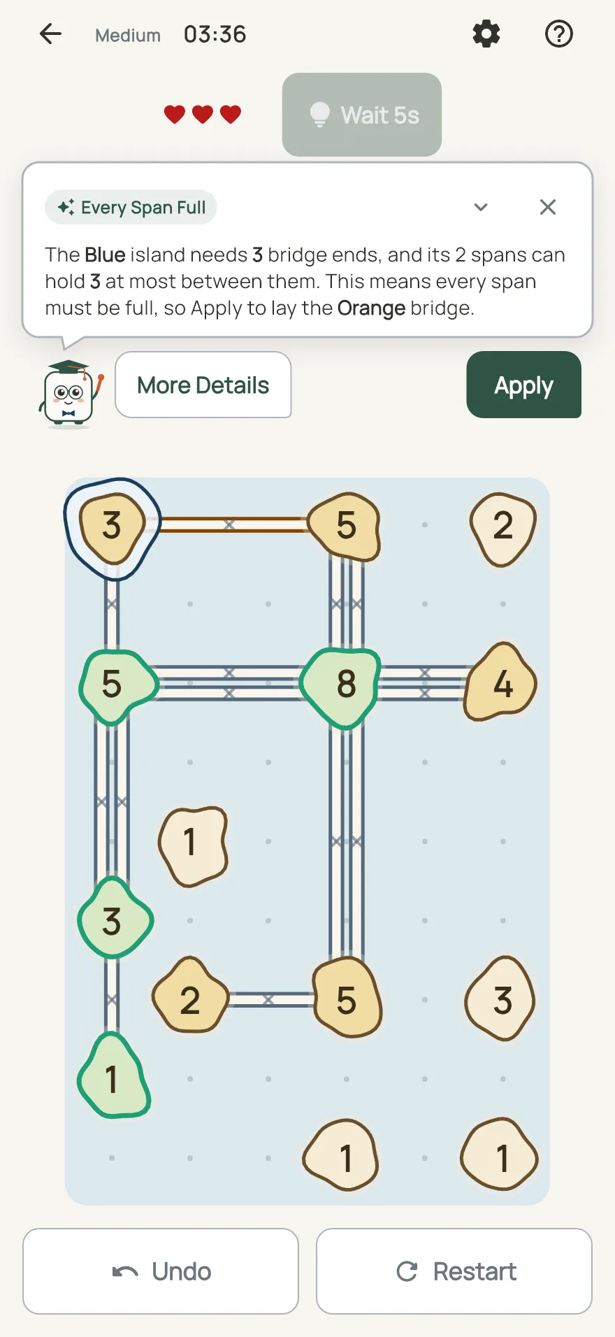 Span on iPhone: a hint card teaching Every Span Full, with the squares it uses lit on the board