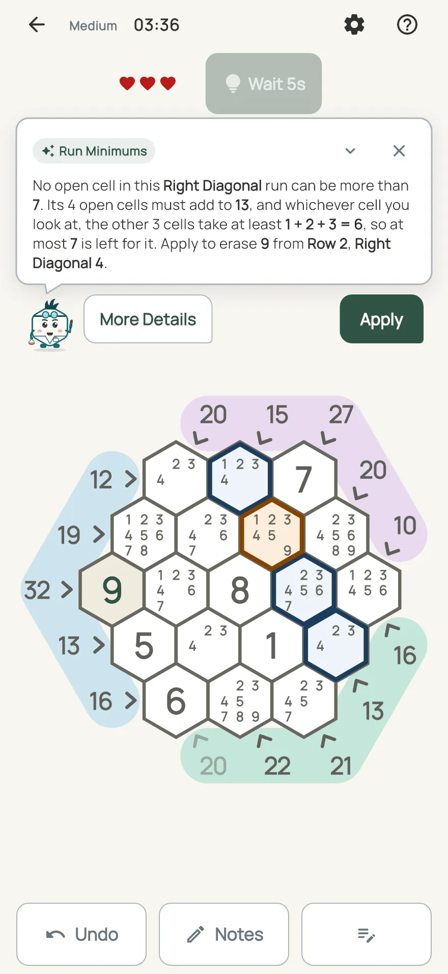 Tally Hive on iPhone: a hint card teaching Run Minimums, with the squares it uses lit on the board