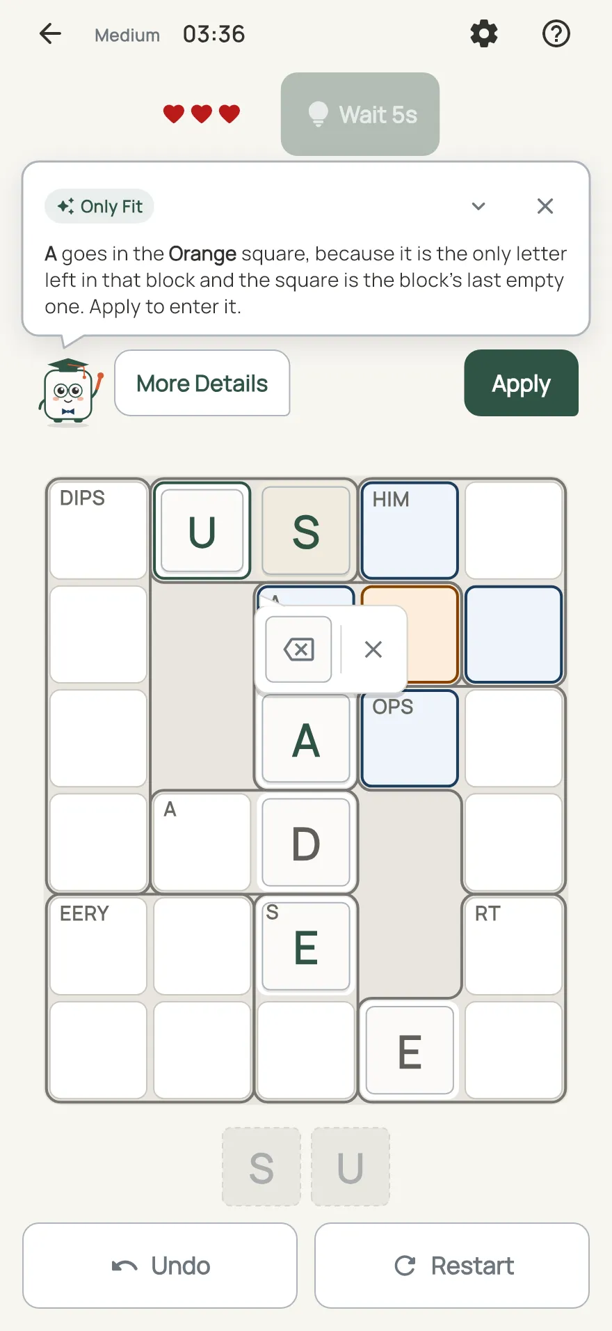 Loom on iPhone: a hint card teaching Only Fit, with the squares it uses lit on the board