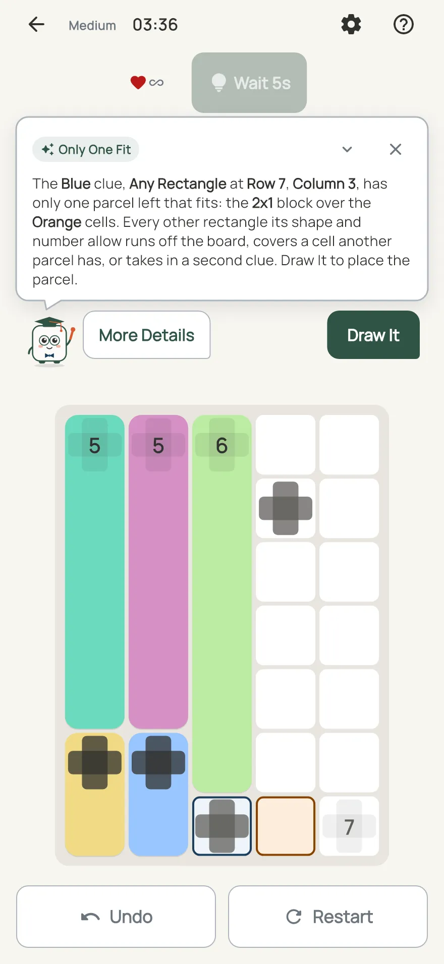 Parcel on iPhone: a hint card teaching Only One Fit, with the squares it uses lit on the board