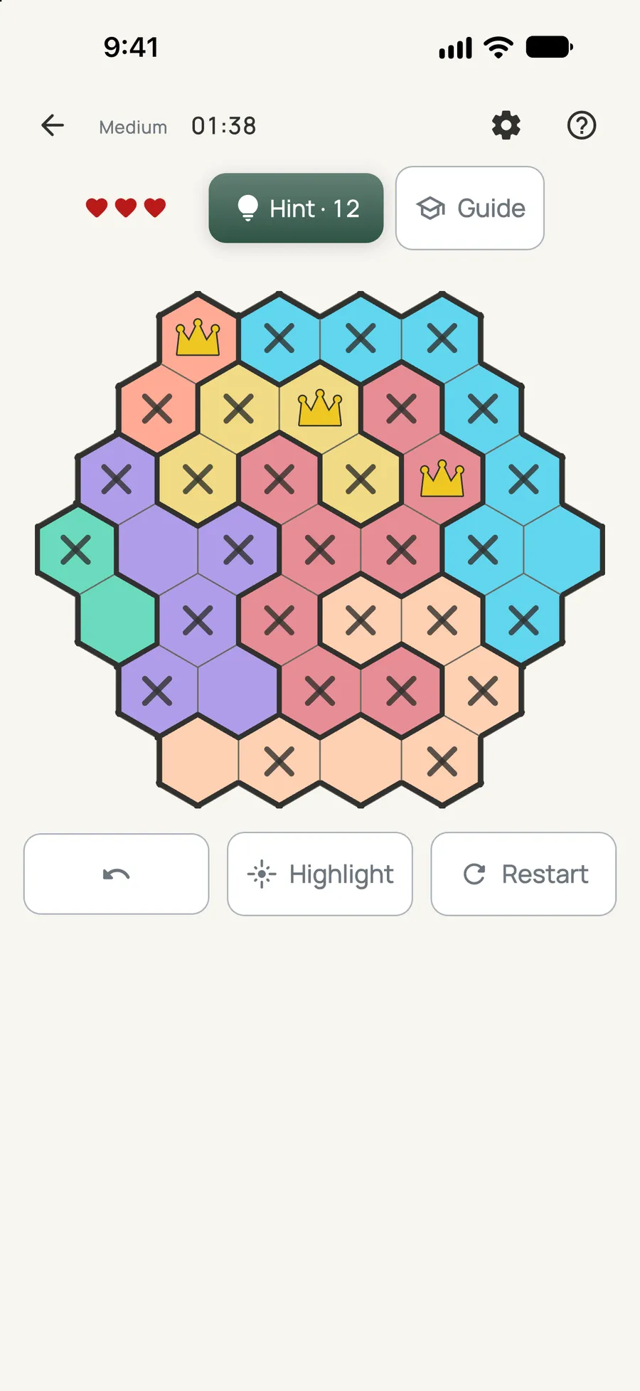 Crowns Hive on iPhone: a board in progress