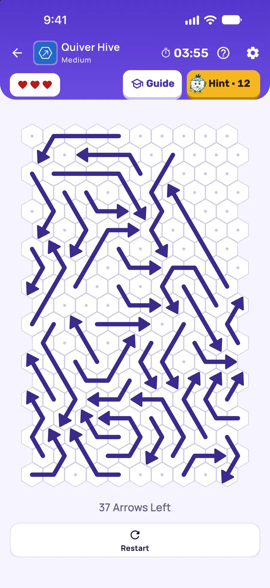 Quiver Hive — a board of hexagons packed with bent arrows, each waiting for a clear way off