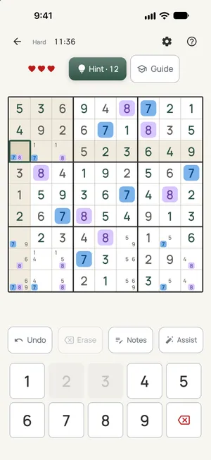 Sudoku mid-solve, with pencil notes
