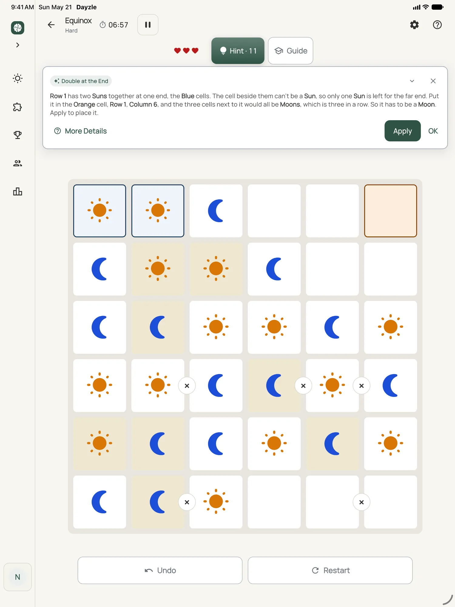 Equinox on iPad: a hint card explaining the next move