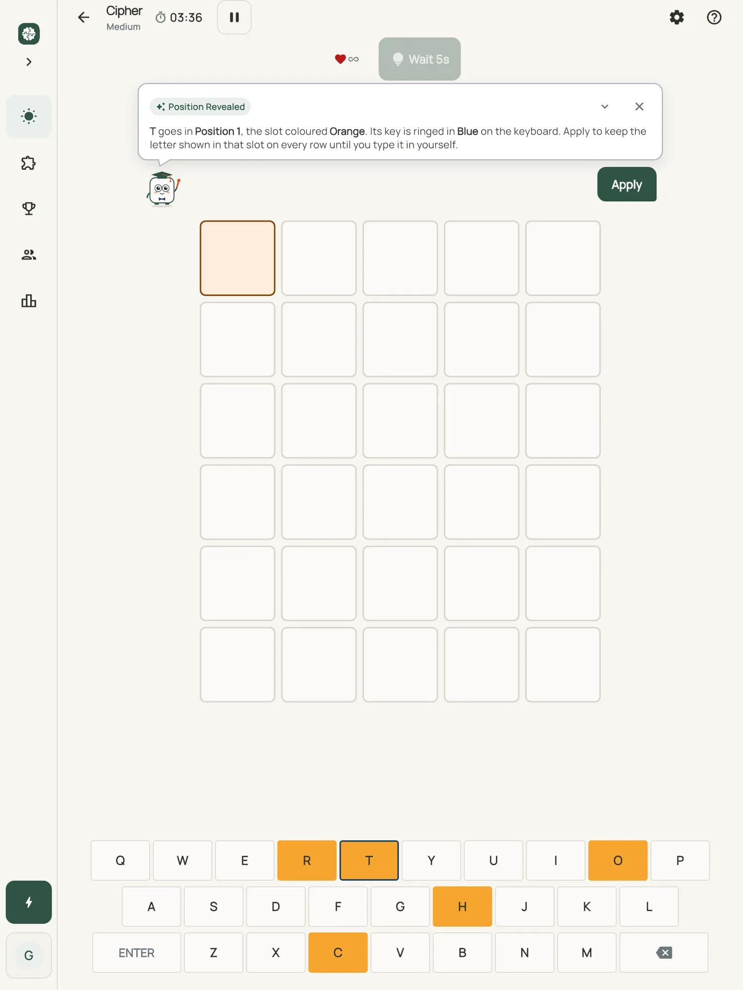 Cipher on iPad: a hint card teaching Position Revealed, with the squares it uses lit on the board