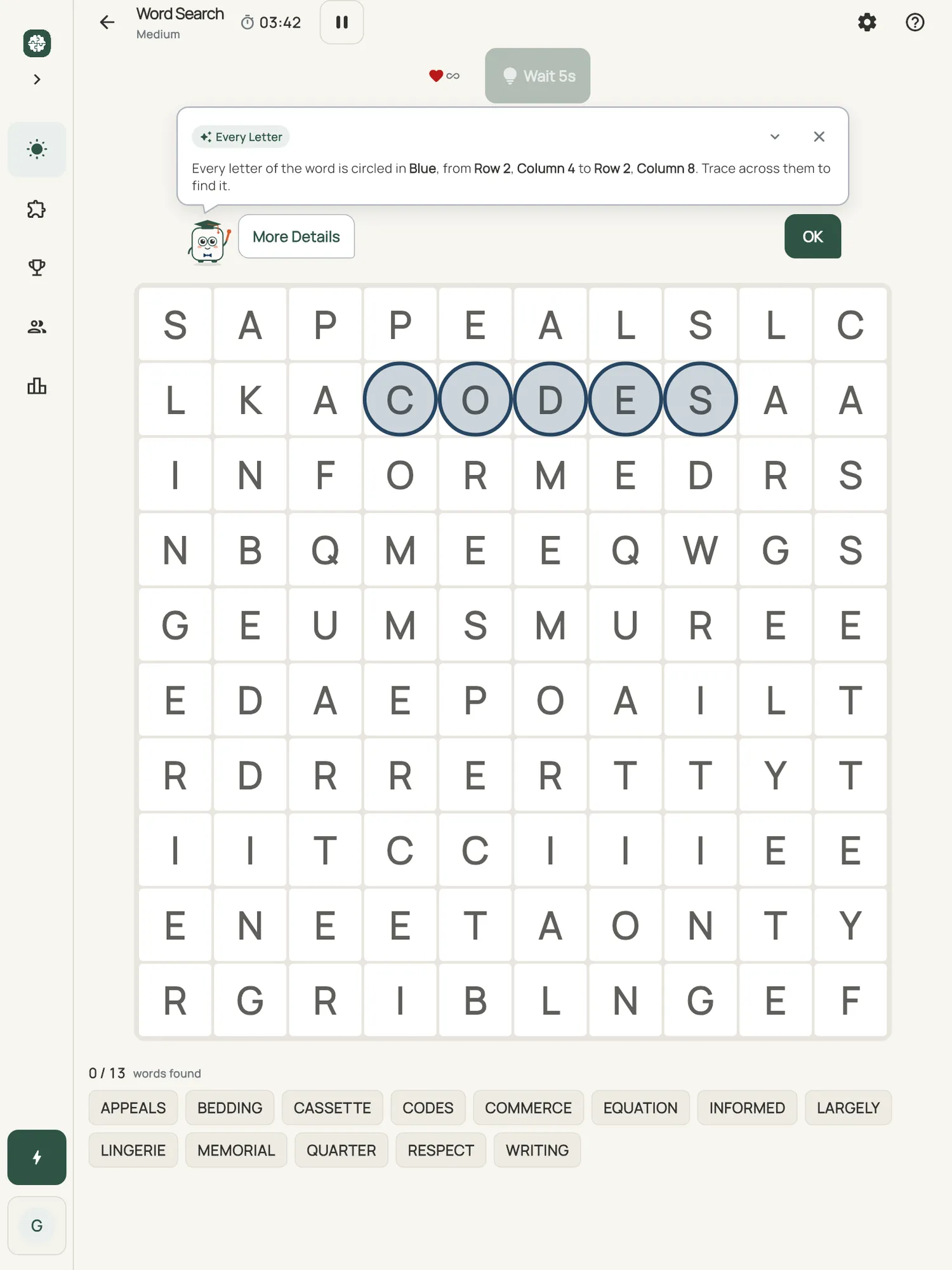 Word Search on iPad: a hint card teaching Every Letter, with the squares it uses lit on the board