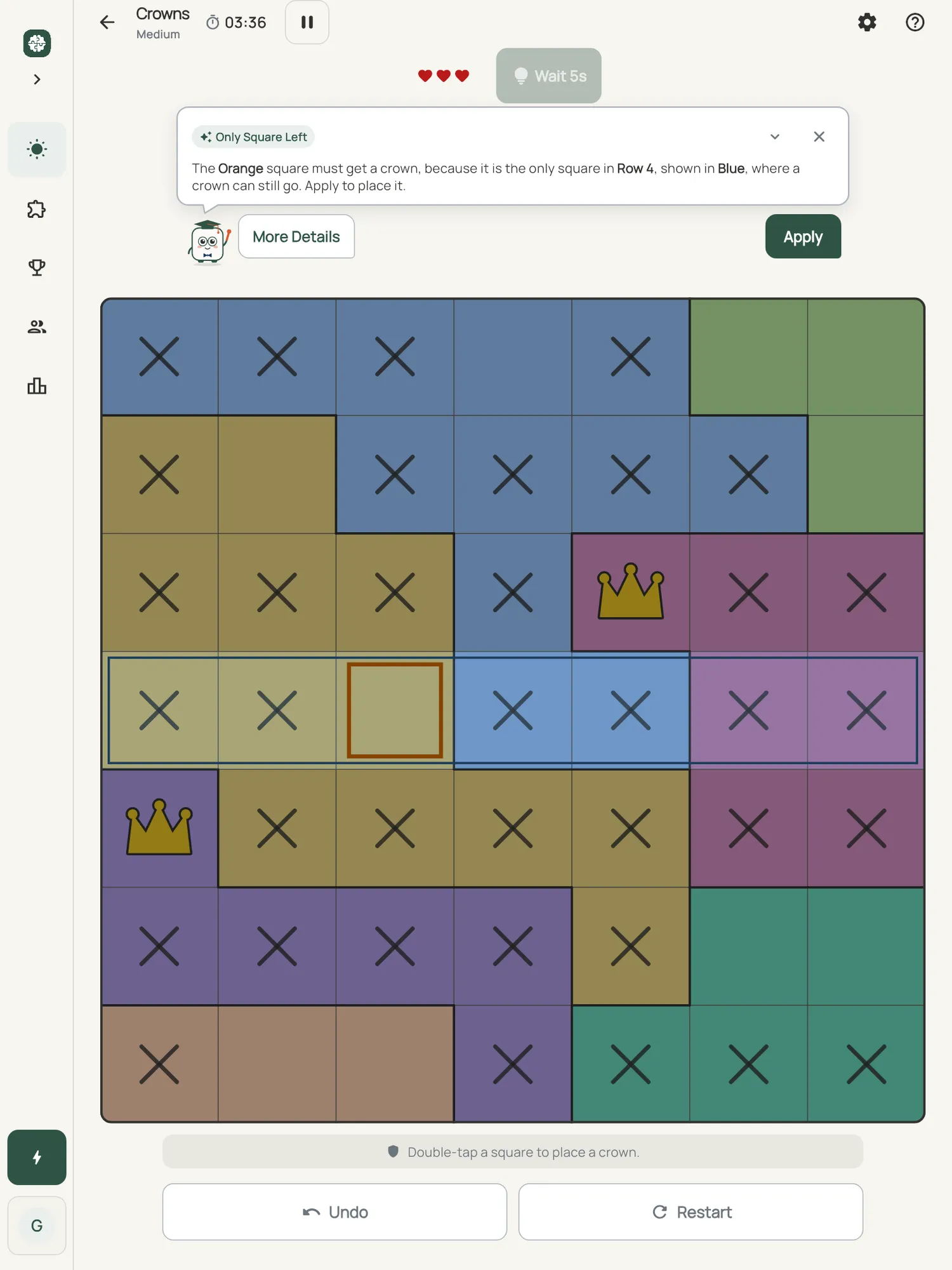 Crowns on iPad: a hint card teaching Only Square Left, with the squares it uses lit on the board