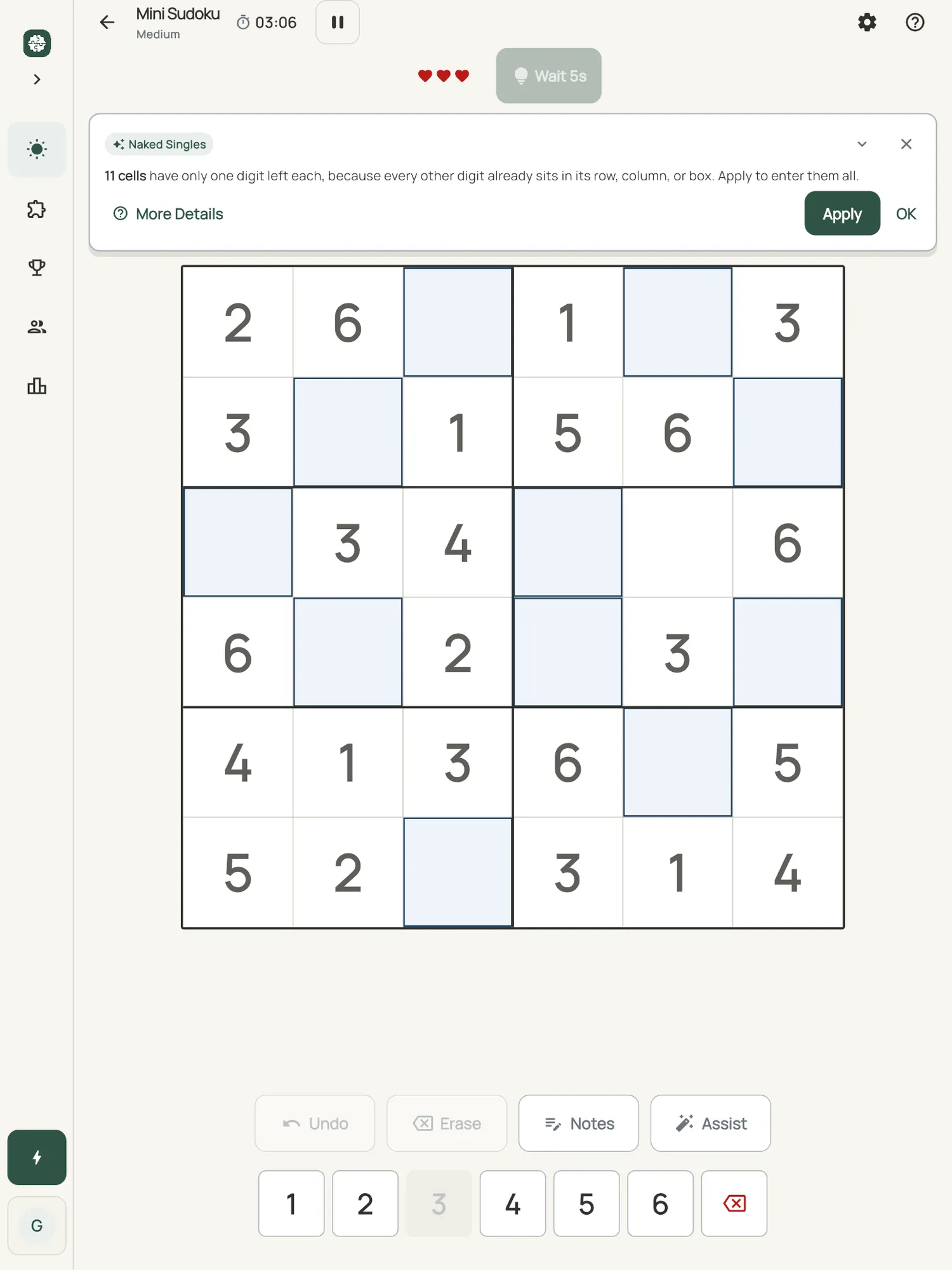 Mini Sudoku on iPad: a hint card teaching Naked Singles, with the squares it uses lit on the board