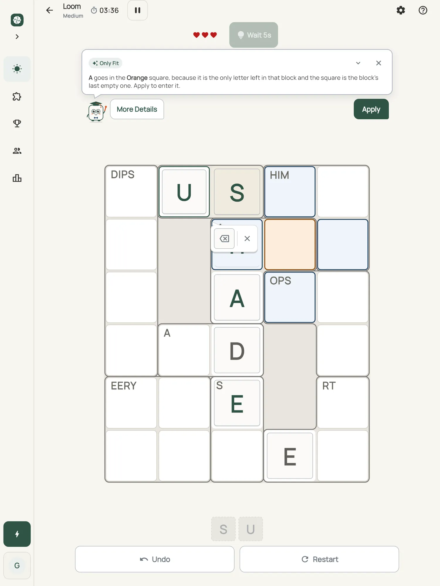 Loom on iPad: a hint card teaching Only Fit, with the squares it uses lit on the board