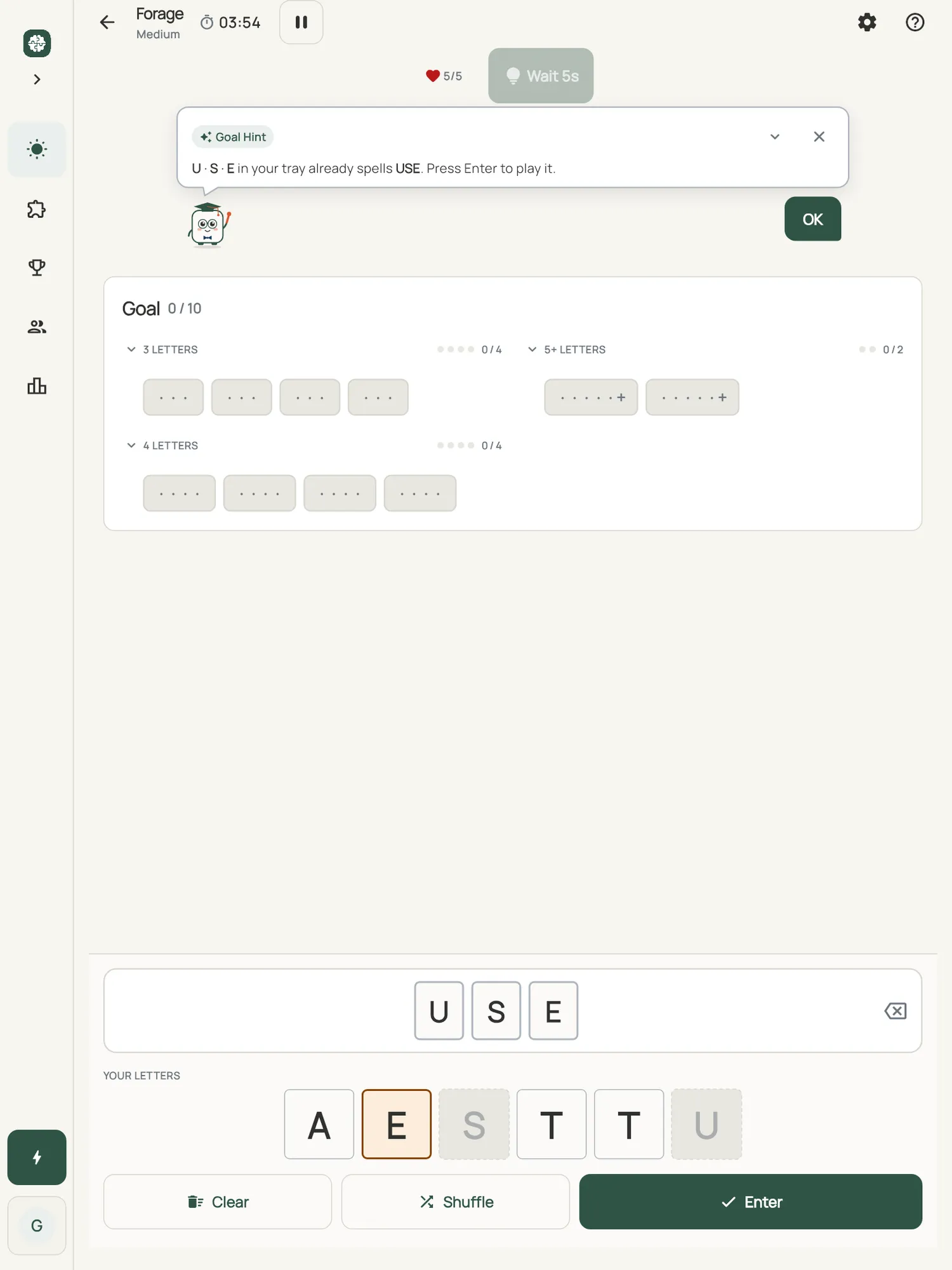 Forage on iPad: a hint card teaching Goal Hint, with the squares it uses lit on the board