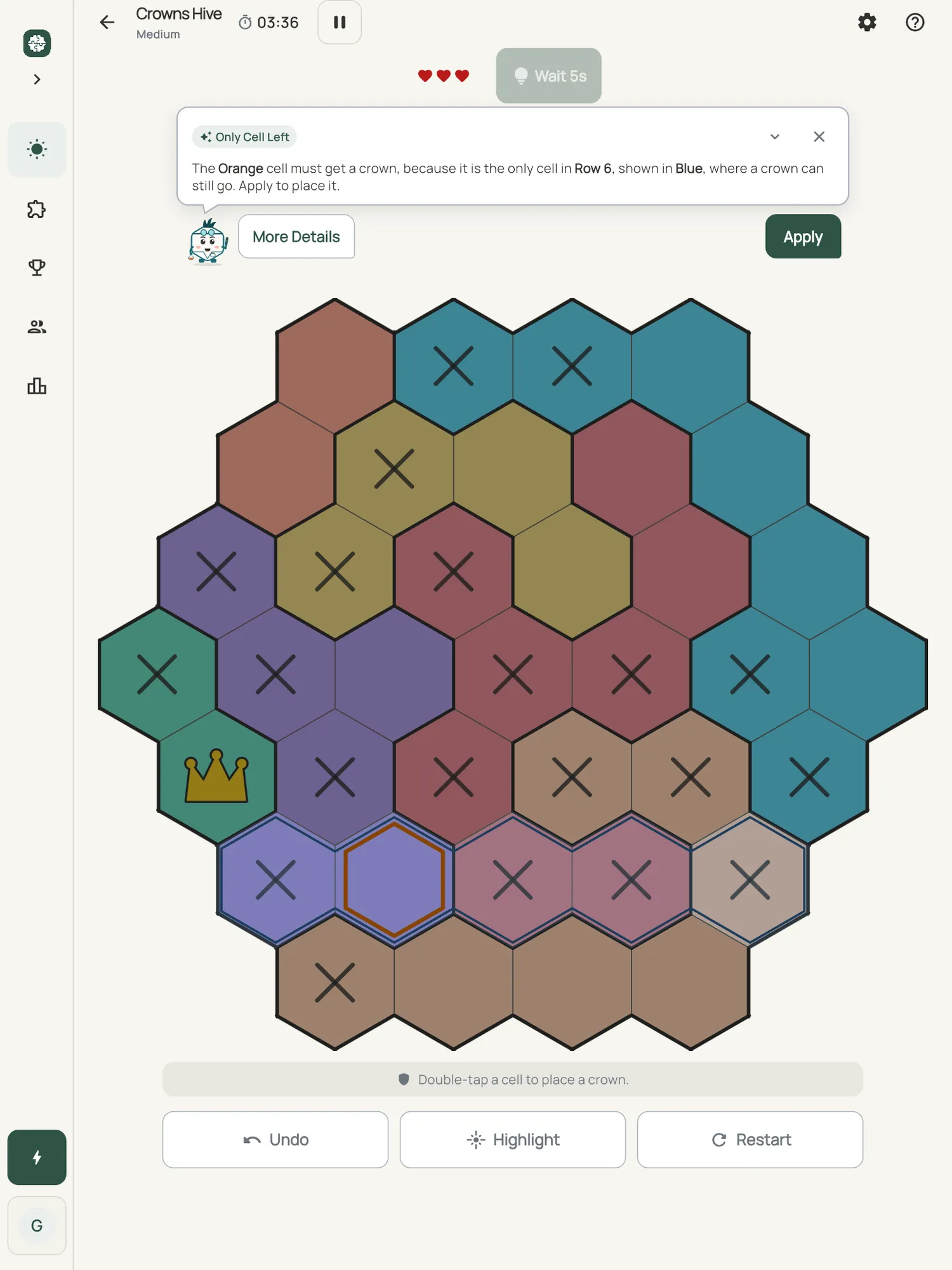 Crowns Hive on iPad: a hint card teaching Only Cell Left, with the squares it uses lit on the board