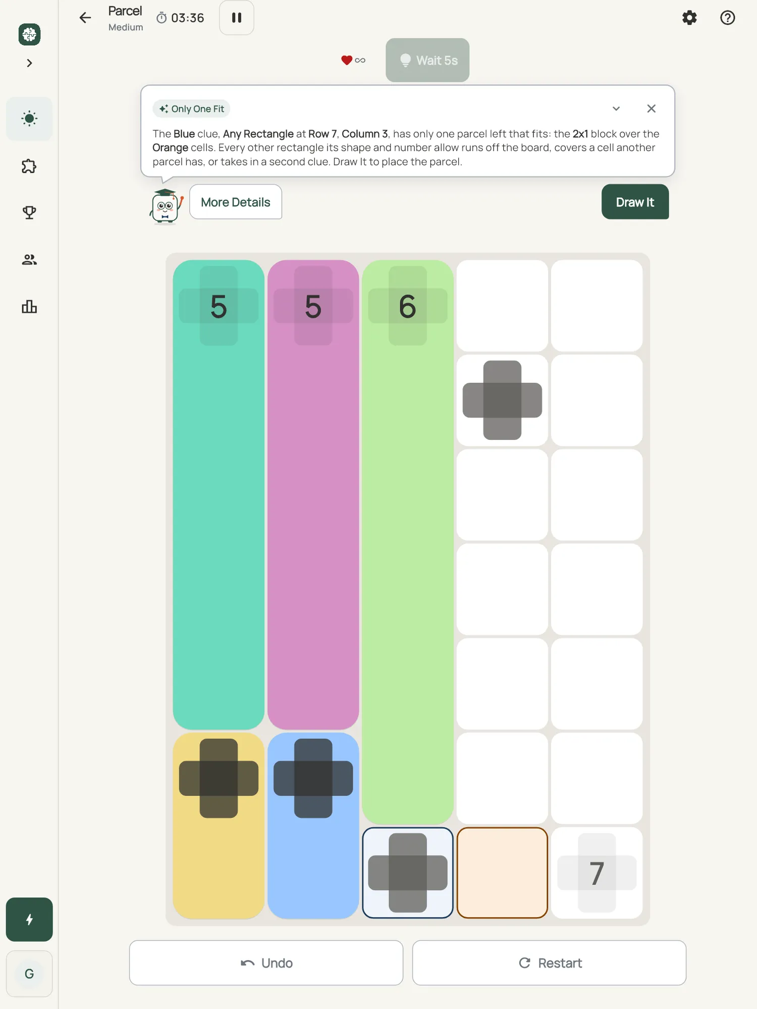 Parcel on iPad: a hint card teaching Only One Fit, with the squares it uses lit on the board