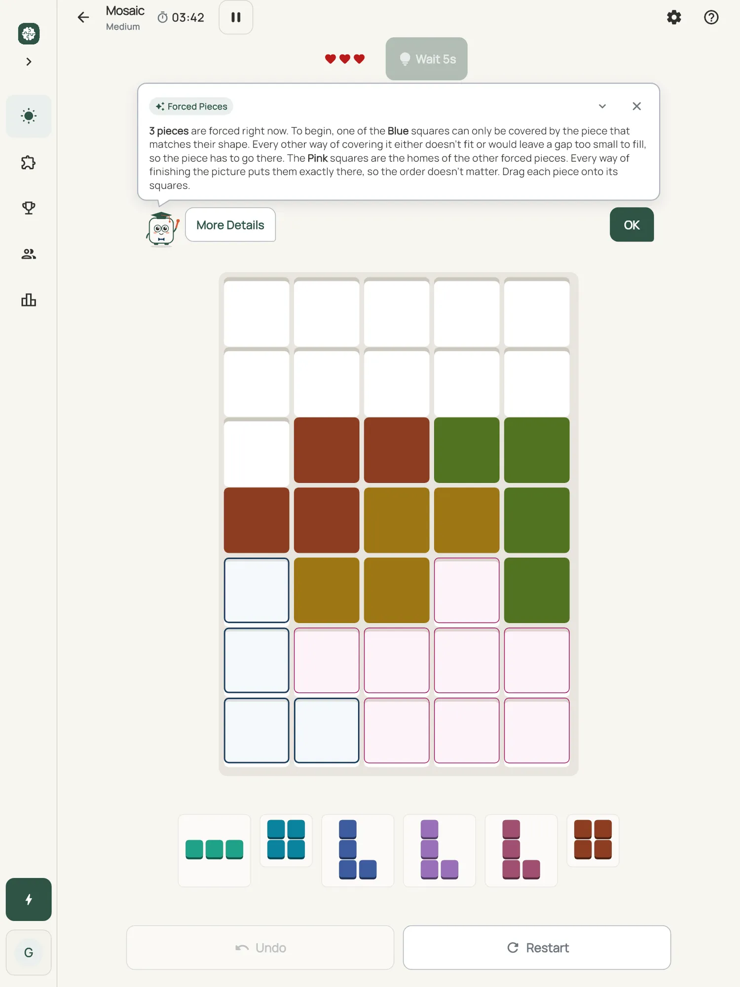 Mosaic on iPad: a hint card teaching Forced Pieces, with the squares it uses lit on the board