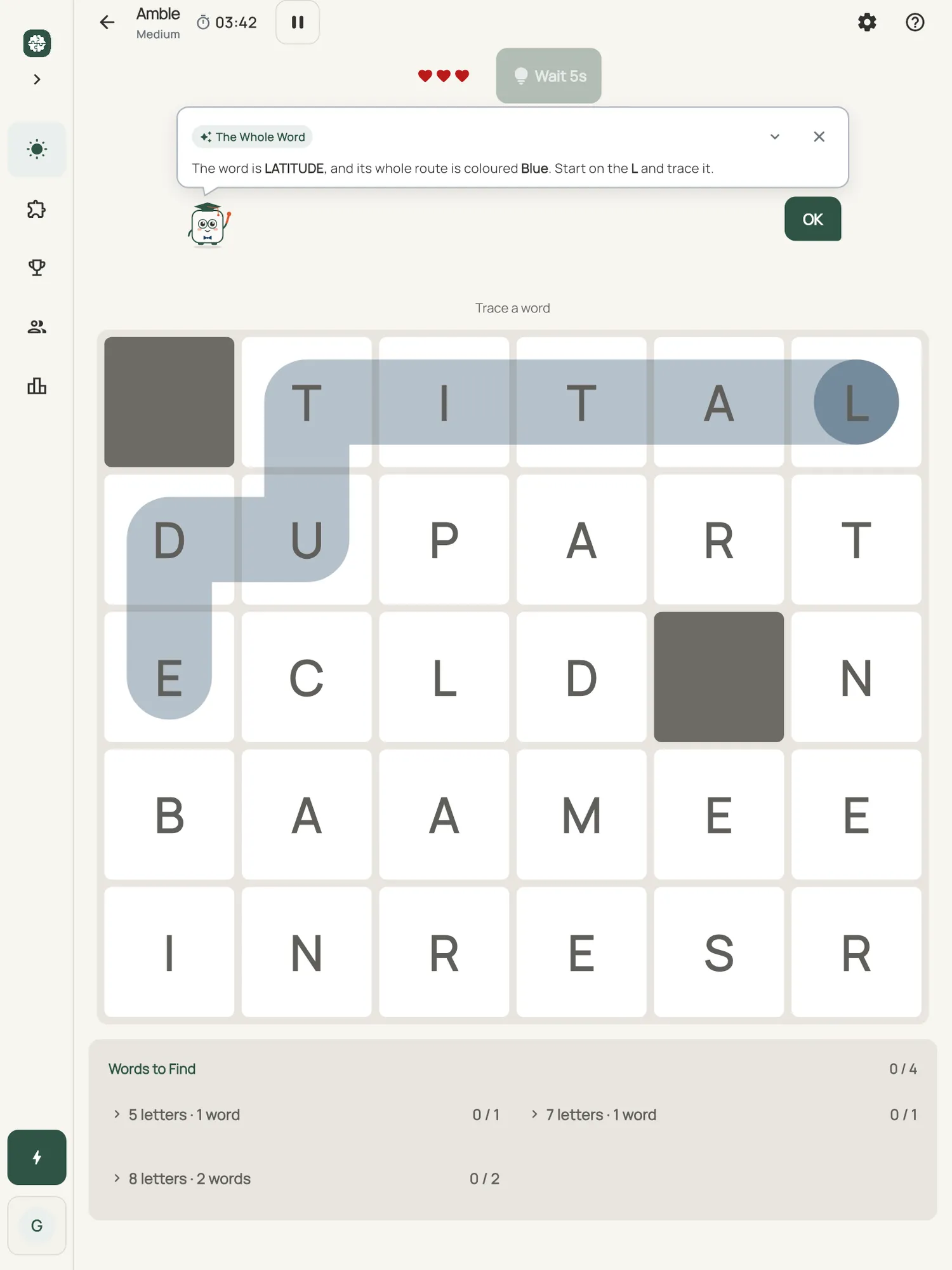 Amble on iPad: a hint card teaching The Whole Word, with the squares it uses lit on the board