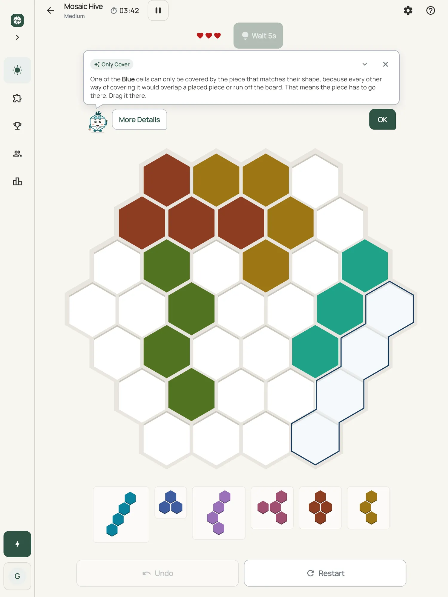 Mosaic Hive on iPad: a hint card teaching Only Cover, with the squares it uses lit on the board